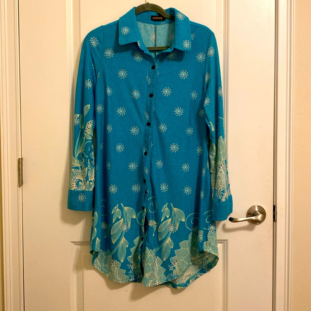 REBORN Womens Knit Tunic Long Shirt Buttons Long Sleeve Turquoise
